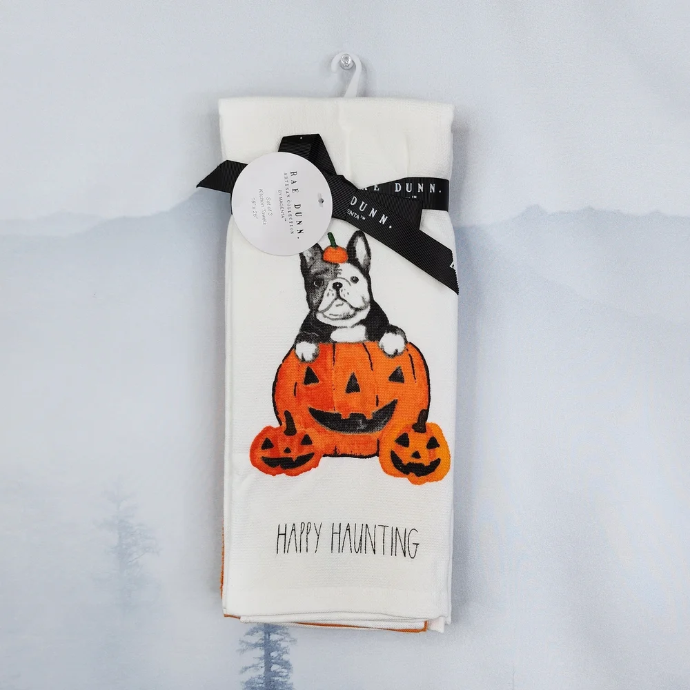 Frenchie Happy Haunting Kitchen Towel Set Of 3 - Rae Dunn By Magenta NWT